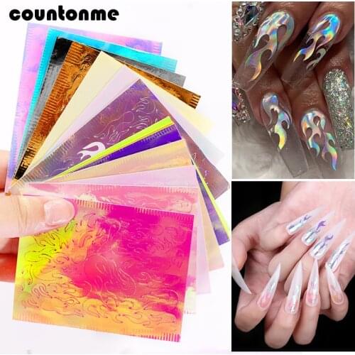 16sheets Holographic Nail Sticker 3D Hollow Fire Flame Nail Decals Stencil Self Adhesive Manicure Nail Art Decoration Stickers