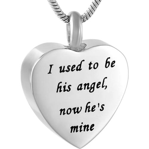 9788 Engraving "I Used To Be His Angel,Now Hes Mine" Stainless Steel Heart Cremation Jewelry Ashes Holder Necklace