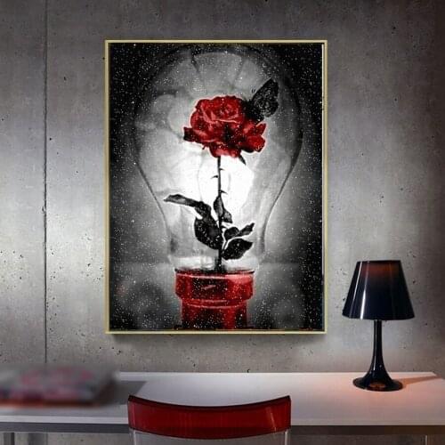 Fantasy light bulb 5d diy diamond painting cross stitch full square round mosaic embroidery rose flowers wall decoration AA2853