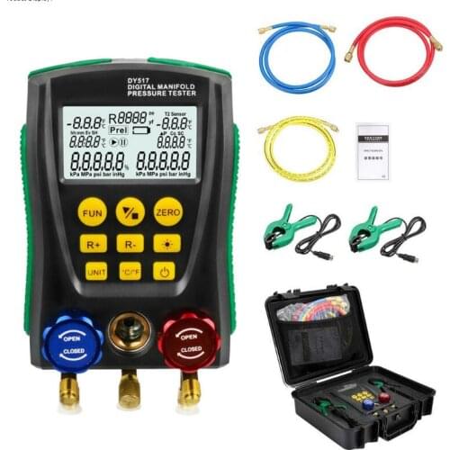 DY517A Refrigeration Digital Manifold Gauge Meter Refrigerant Inspection HVAC Vacuum Pressure Temperature Tester 2-Way Valve