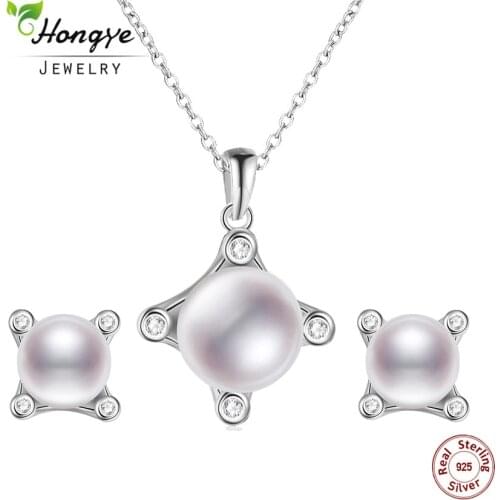 Hongye New Fashion Necklace&Stud Earring Freshwater Pearl 925 Sterling Silver Geometric Appearanc For Women Jewelry Sets Gifts