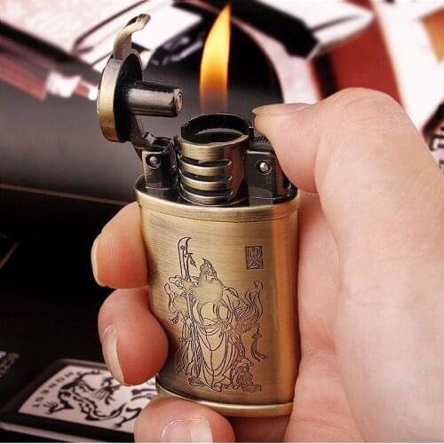 Kerosene Lighter GAS Inflatable Windproof Grinding Wheel Flint bronze Engraved Retro Ultra-thin Smoking Lighter