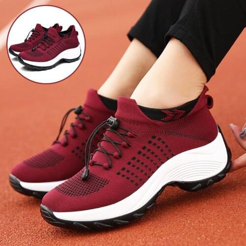 Trainers Women Thicken Soled Casual Shoes Fashion Elastic Band Mesh Female Wedges Sneakers Red Dancing Zapatillas Plataforma