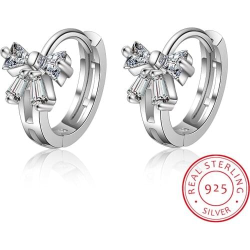 Cute 925 Sterling Silver Bow Knot CZ Circles Small Loops Huggie Hoop Earrings For Women Jewelry Kids Girls Aros Artes Ohrringe
