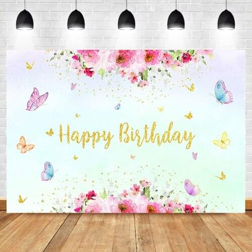 Mocsicka Baby Happy Birthday Photography Backdrops Pink Watercolor Flower Background Butterfly Girl Dessert Table Decorate Props