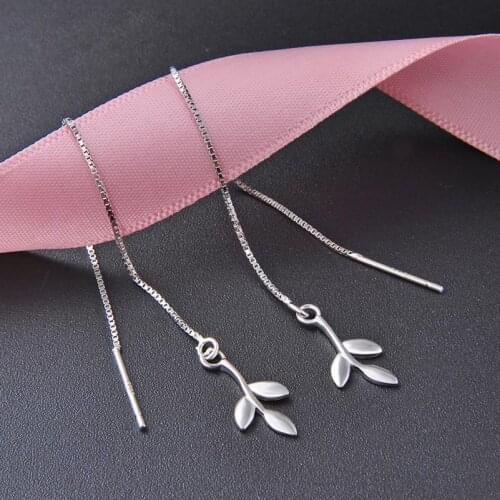 Fashion Elegant Real Fine Jewelry Solid 925 Sterling Silver Leaves Drop Long Line Earrings For Women New Year Gift