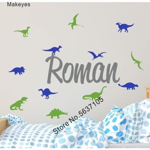 Makeyes Dinosaur Aniamals Wall Decals Personalied Custom Name Wall Stickers Boys Kids Bedroom Decoration Vinyl Wall Mural Q934