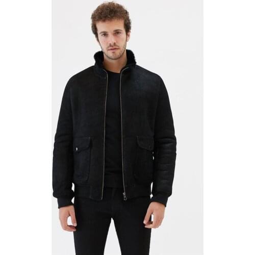 2019 New Mens College Black Shearling Jacket Turkey Fur Jacket Mens Winter Coats Short Leather Jacket