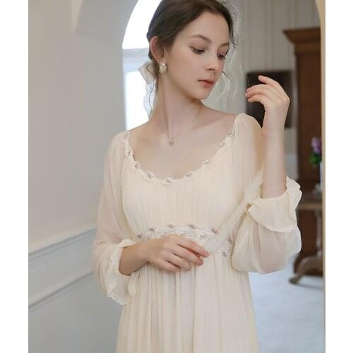 Autumn New Mesh Lace Embroidered Flower Nightgowns Women Long-sleeved Princess Style Modal Night Dress Round Neck Thin Homewear