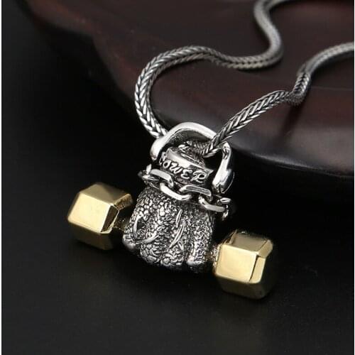 Factory Wholesale S925 Jewelry Vintage Dyed Black Thai Silver Sports Fist Dumbbell Pendant Personality Men And Women Pendant