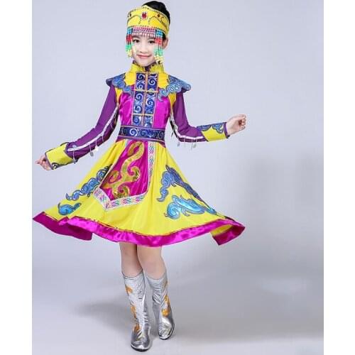 Girls Yellow Mongolia Dress for Stage Chinese National Costumes Child Hmong Dance Clothing Kids Traditional Dance wear Outfit