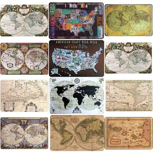 Flat World Map Print Tin Sign Vintage Iron Painting Metal Poster Plaque Wall Art Decor for Bedroom Company Wall Metal Painting