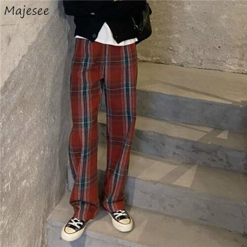 Casual Straight Pants Red Plaid Loose Simple Design Streetwear Korean Style Vintage Female Spring Outwear Fashion Students Daily