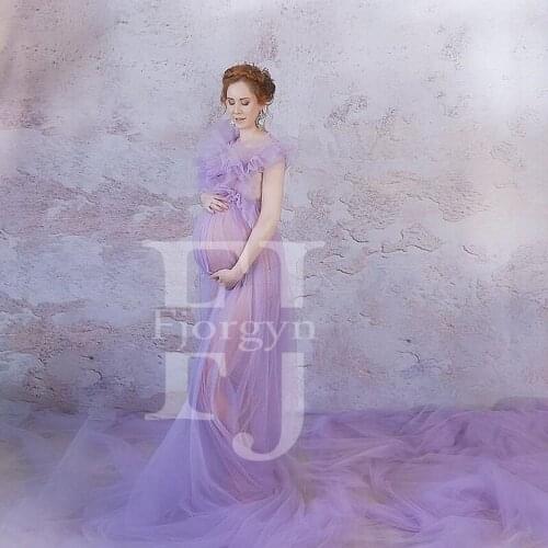 Sheer Light Purple Tulle Ruffled V-Neck Party Dresses Custom Made Sleeveless Sweep Train Matternity Gown for Photoshoots 2021