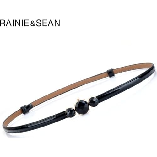 RAINIE SEAN Patent Leather Thin Women Belt Korean Fashion Waist Belt for Dress Solid Black Red Blue White Pink Ladies Strap 96cm