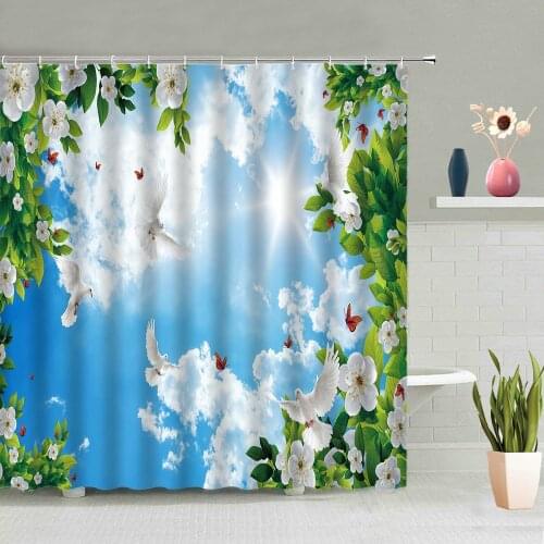 Blue Sky Fly White Pigeon Shower Curtain Green Leaf Flower Bathroom Curtains Sun Cloud Scenic Waterproof Bath Screen Decor Hooks