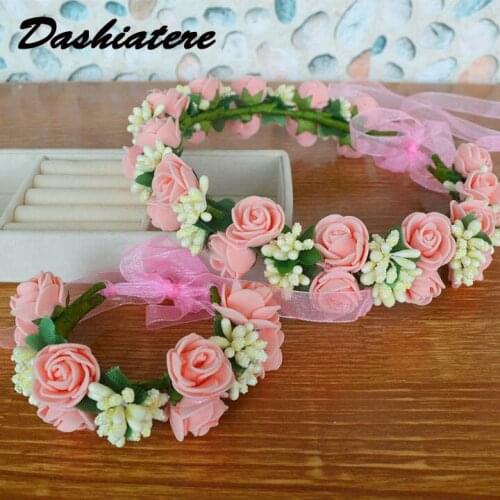 Bridal Hair Wreath Floral Crown Wrist Flower Set Pink Ivorty Theme Wedding Basket Girl Headwear Rose Children Hair Accessories