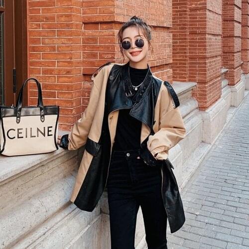 Vintage Hit Color PU Leather Patchwork Khaki Trench Coat Plus Sashes Autumn Casual Stand Collar Long Sleeve Female Windbreaker