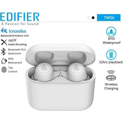 EDIFIER TWS6 TWS Wireless Earphone Bluetooth 5.0 Support Aptx 32h Play time Touch control IPX5 Waterproof with Wireless Charging