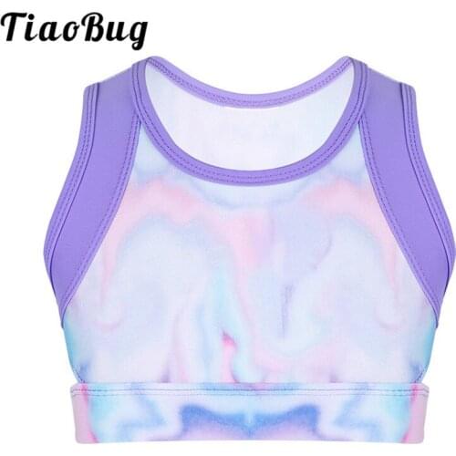 TiaoBug Kids Teens Colorful Dance Tops Stretchy Sleeveless Crop Top Girls Workout Gymnastics Leotard Ballet Stage Dance Costume