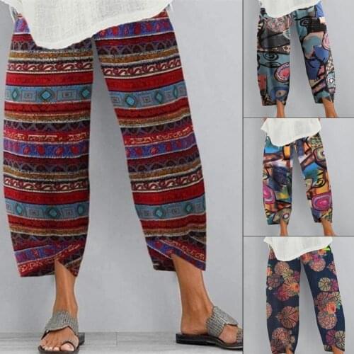 Vintage Printed Harem Pants Women Trousers Casual Elastic Waist Cotton Linen Wide Leg Pants Loose Pantalon Summer Plus Size Pant