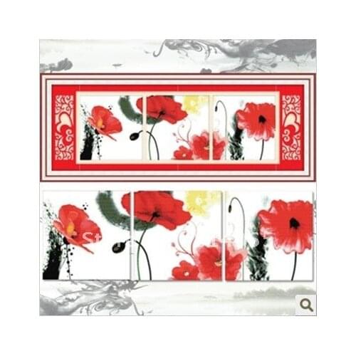 Embroidery New 3 Sets (1 lot=3 Sets) Best Quality Triptych Ink Flower Wind Lotus Red Flower Cross Stitch-----5-15Business Days
