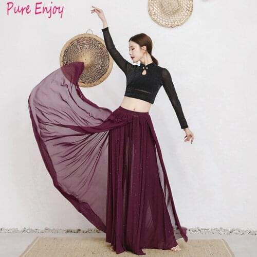 Women new belly dance set Net yarn long sleeves stand-up collar shirt and big long skirt 2pcs belly dance Performance clothing