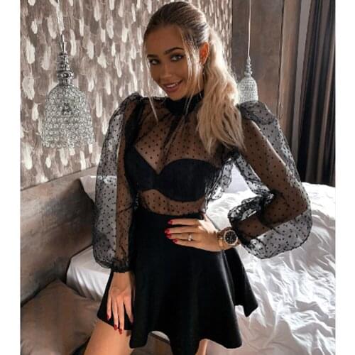 Women Polka Dot Mesh Sheer See-through Translucent Tops Bikini Cover-Ups Puff Long Sleeve Tops Blouse Shirts Beachwear