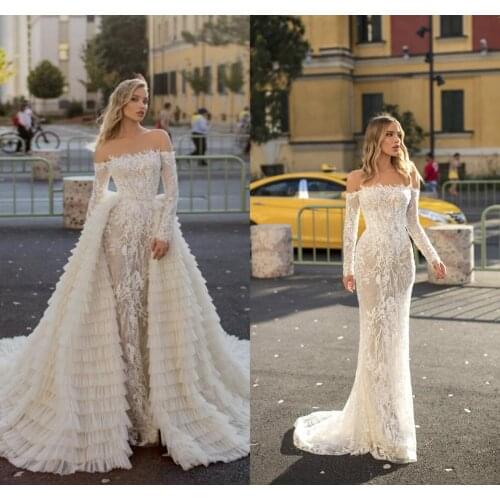 2020 Mermaid Wedding Dresses With Detachable Train Lace Appliques Off Shoulder Country Wedding Gown Long Sleeve Vestido De Noiva