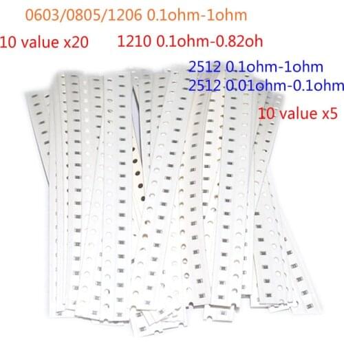 200pcs/lot (0.1ohm-1ohm 1%)0603/0805 /1206/ 1210/ 2512 resistors assortment kit 10 value x20pcs SMD resistor Assorted Kit