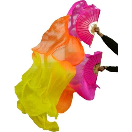 2018 High selling 100% Real Silk Veils 1 Pair handmade women Quality Silk Belly Dance Fan Dance rose+orange+yellow