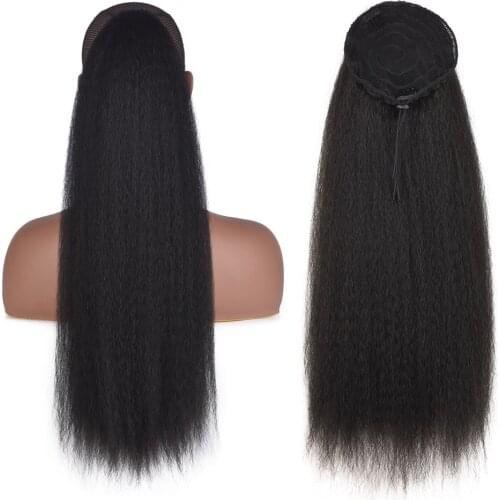 22 Inch Long Straight Ponytail Synthetic Kinky Straight Drawstring Ponytail Hair Extension For Black/White Women