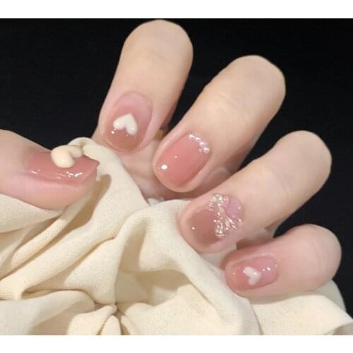 24pcs/box Fake Nails With Designs Love Heart Print Pearl Inlaid Short Style Fashion Manicure False Nails With Glue Press On DL