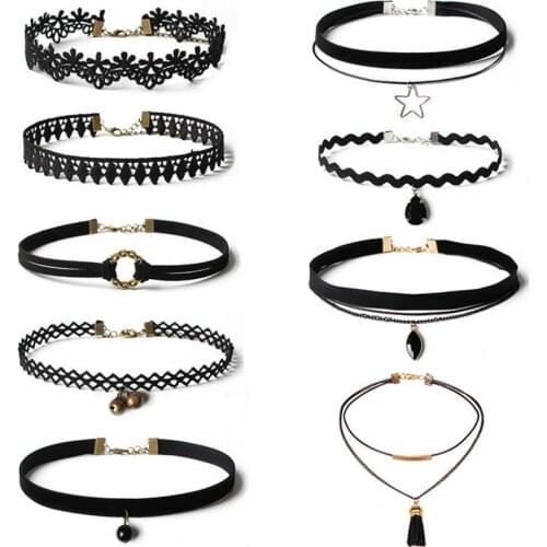 9pcs/1 set Tattoo Choker Necklace Black Lace Star Bell Pendant Boho Gothic Bib Statement Necklace Womens Jewelry