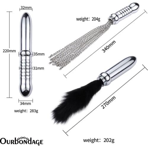 Ourbondage Aluminum Alloy 3 Function Anal Butt Plug With Fur Tail and Chains Whip For Men Women Adult Sex Toys