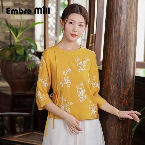 Chinese Style Blouse Womens Summer New Embroidered + Belt Plus Size Young Retro Tencel Cotton Lady O- Neck Jacket S-XXL