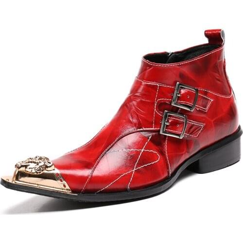 Batzuzhi Italian Style Men Boots Red Leather Ankle Boots Pointed Toe Metal Tip Fashion Dress Boots Man Botas Hombre, Big Size 46