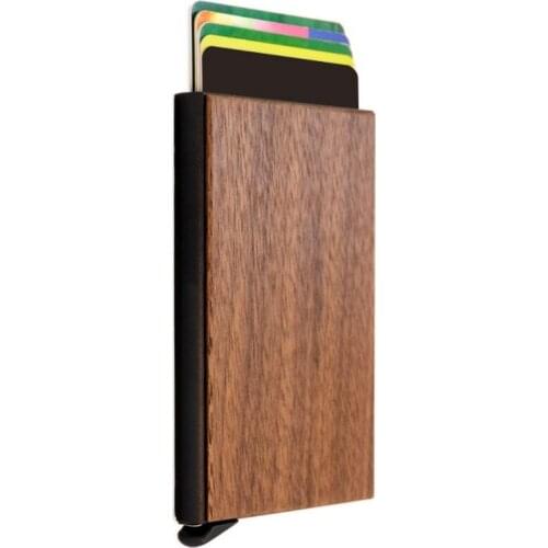 Wood Metal Women Men Business ID Card Holder Aluminum Box Organizer RFID Card Wallet Men Automatic Pop up Credit Bank Card Case