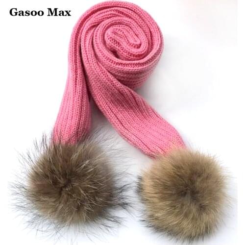 150*16cm crochet Children Scarf wool Knitted Winter Fur Scarves With Detachable Real Raccoon Fur Pom Poms neckwarmer scarf