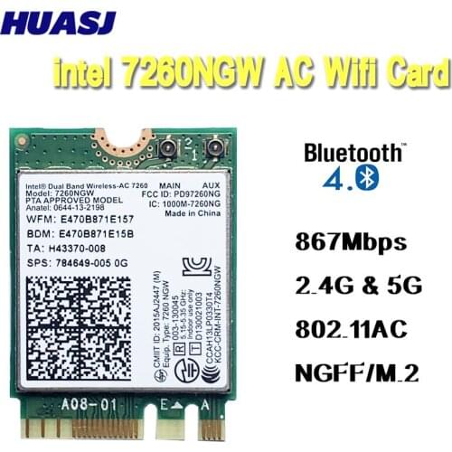 Huasj For Intel Dual band 7260 7260NGW Wireless-AC NGFF 2x2 802.11ac 867Mbps Wifi+Bluetooth BT 4.0 Wireless Wlan M.2 Card