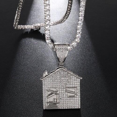 Hip Hop Men Gold Color House Shape Pendant Micro Zircon Necklace Ice Out Cuban Necklace Chain Hip Hop For Men