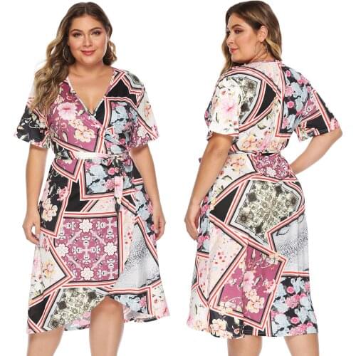 Summer Large Size Floral Sexy V-neck Tie Short-sleeved Loose Women Dress Commuter Fashion Mid-length Skirt Daily -40