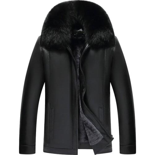 2019 Mens Autumn and Winter Mens Pu Leather Plus Velvet Thick Lapels Leather Jacket Casual Loose Daddy Jacket To Keep Warm