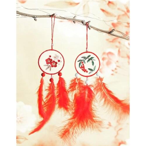 Embroidery Starter Kit Retro Fake Feather DIY Dreamcatcher Hanging Ornament Cross Stitch Kit Craft Wind Chimes Art Pendant