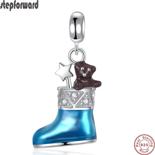 New Collection High Quality Christmas Theme Blue Enamel 925 Solid Silver Christmas Sock Hanging Charm Fit Bracelet and Necklace