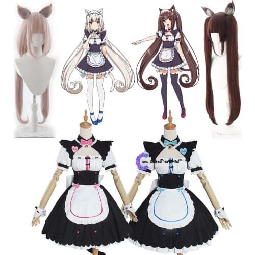 2020 New Anime Nekopara Cosplay Wigs Chocolat and Vanilla Costume Womens Dresss Nekopara Maid Uniform Set Halloween Show Skirt