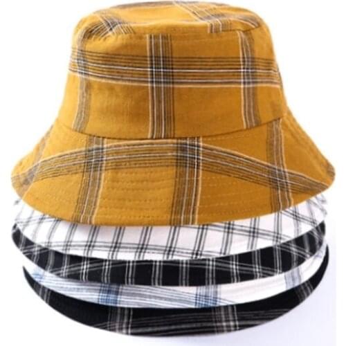 OUNIAN007 Summer adult women casual cotton Plaid print bucket hat Floppy large brim Panama cap gorros Sun hat Fisherman cap
