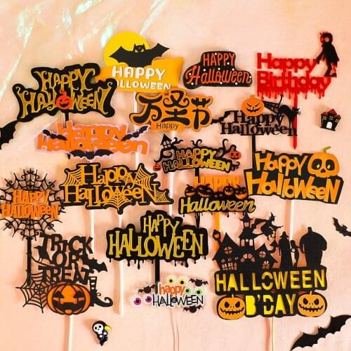 New Halloween Party Happy Acrylic Cake Flag Decoration Moon Witch Pumpkin Haunted House Bat Ghost Black Cat Cupcake Dessert Card