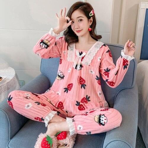 Pajamas Women Autumn Coral Velvet Thick Princess Wind Long-sleeved Sleepwear Strawberry Pajamas Suit Sailor Moon Pajama