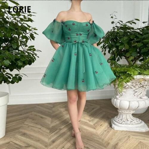 LORIE Green Prom Dresses 2021 A-Line Green Red Cherry Short Puff Sleeves Short Party Gown Robes de cocktail Dress for Teens